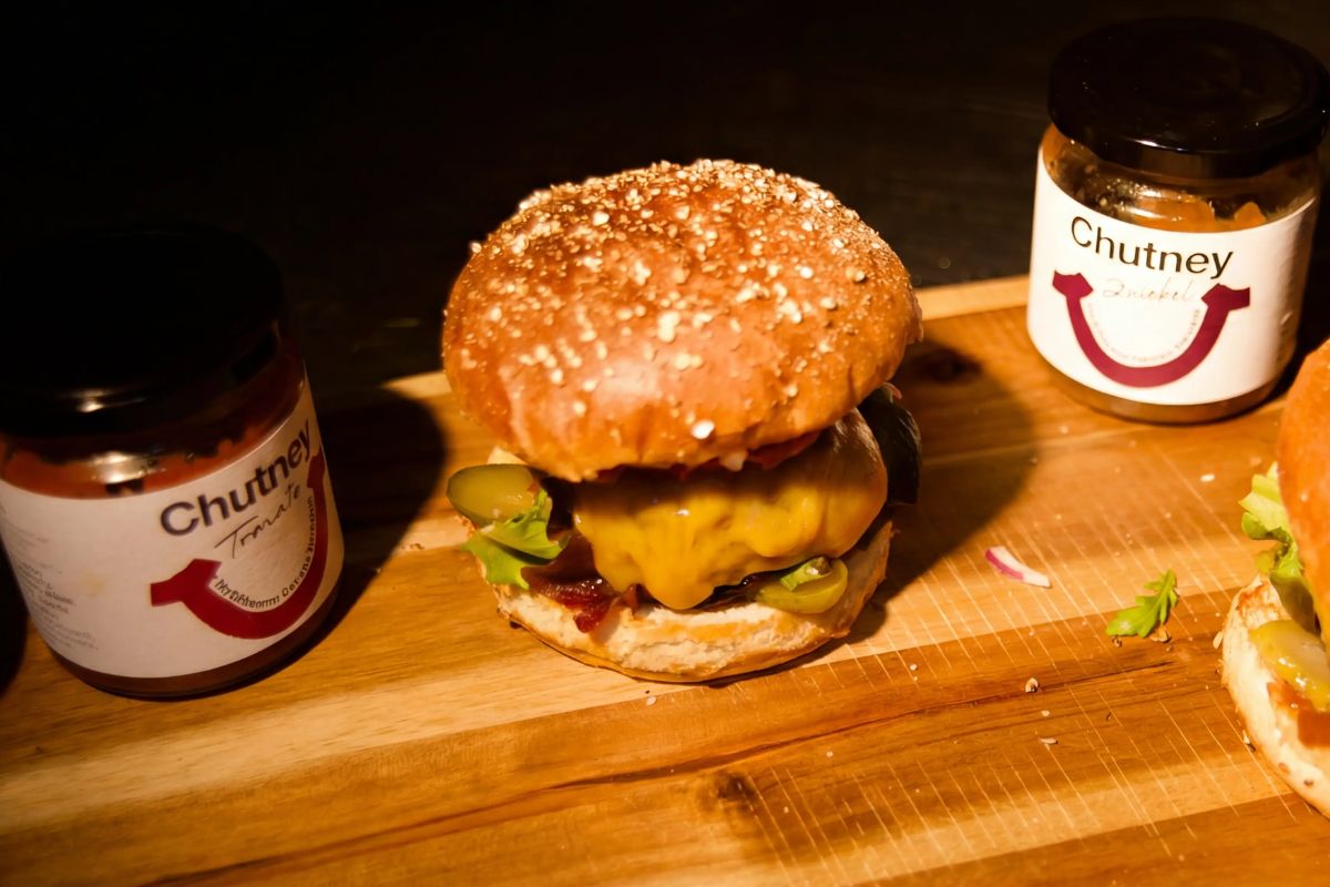 Burger mit Tomaten- oder Zwiebel-Chutney
