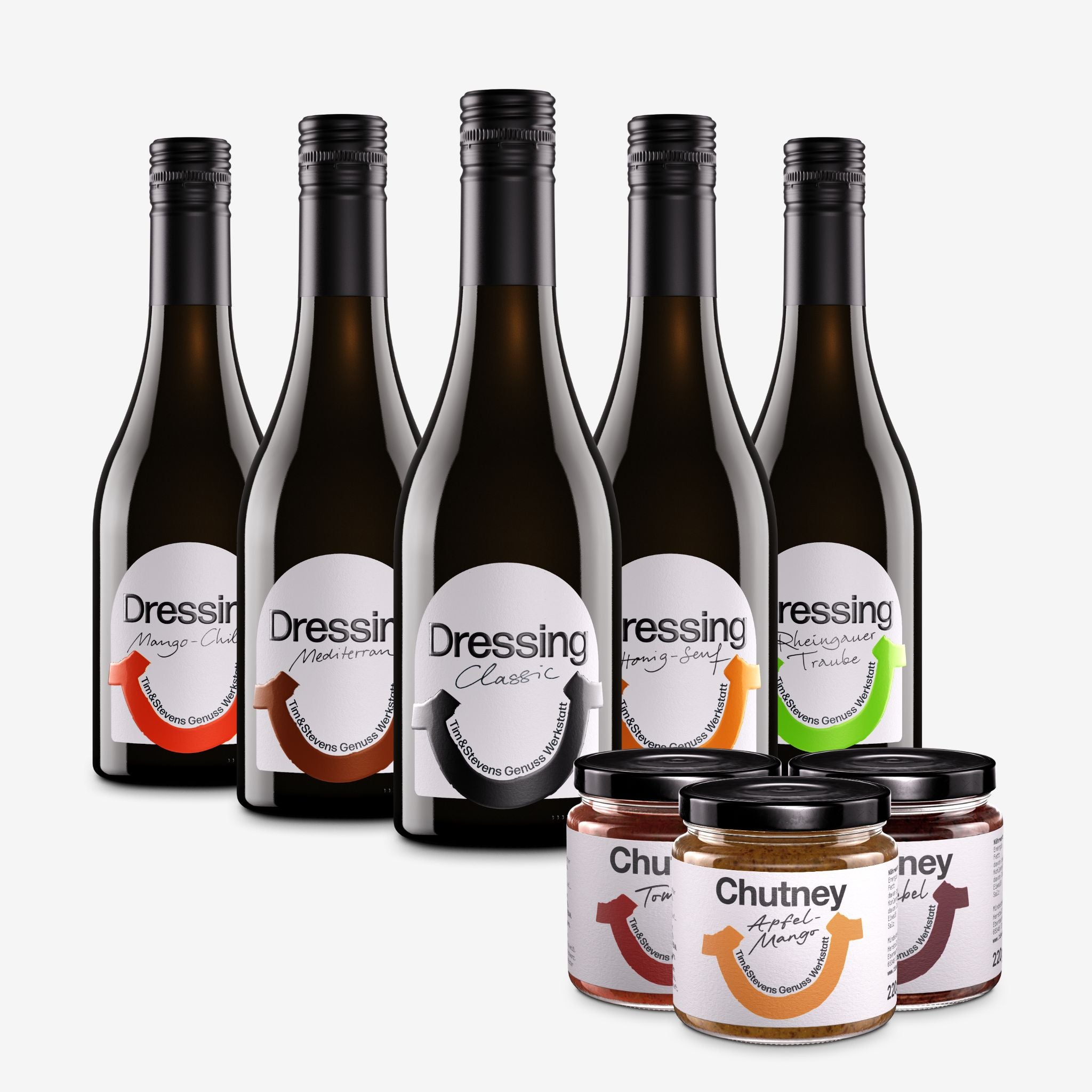 Tim & Stevens-Probierpaket mit 5 Dressings und 3 Chutneys (Classic Dressing, Honig-Senf Dressing, Mediterran Dressing, Rheingauer Traube Dressing, Mango-Chili Dressing, Apfel-Mango-Chutney, Tomaten-Chutney, Zwiebel-Chutney)