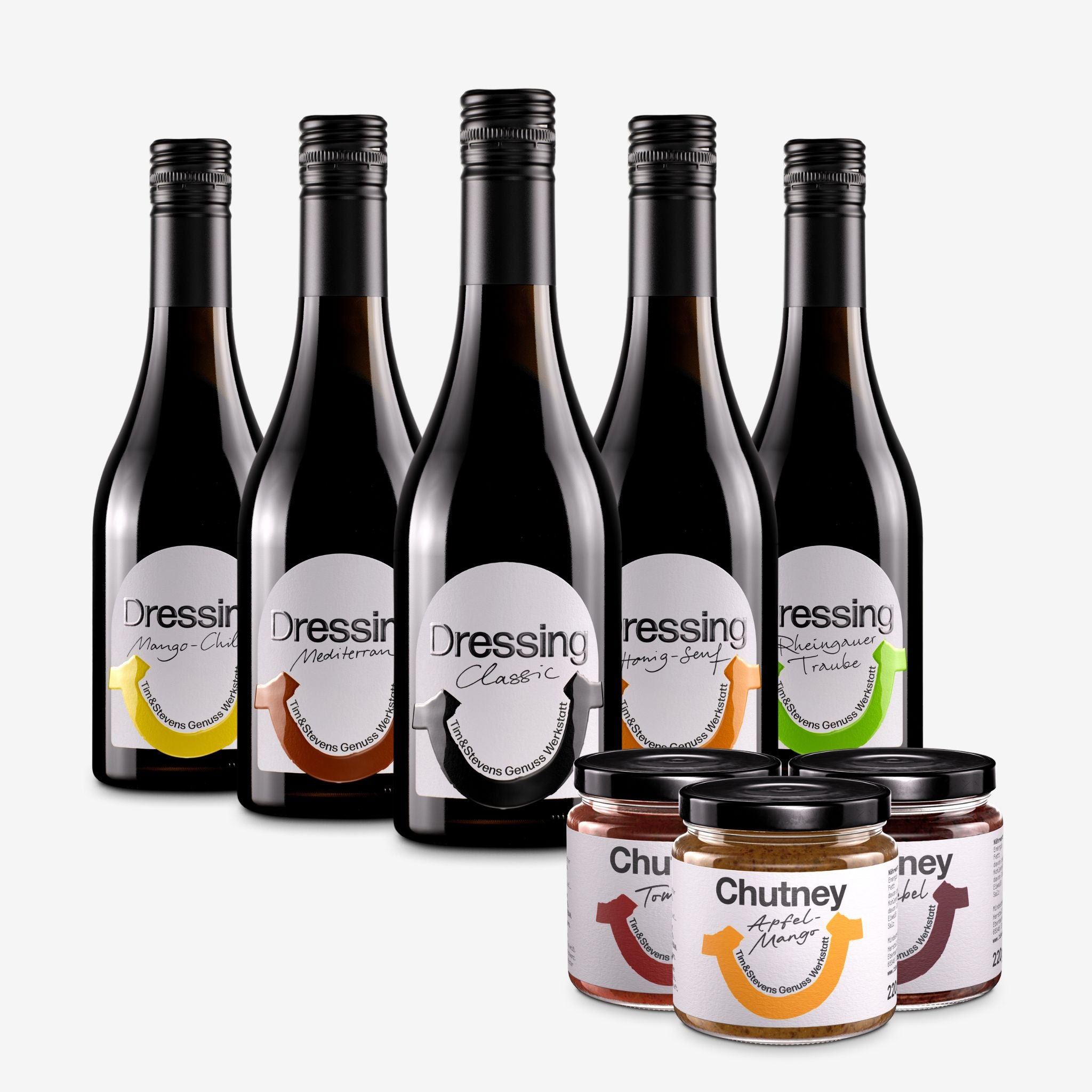 Tim & Stevens-Probierpaket mit 5 Dressings und 3 Chutneys (Classic Dressing, Honig-Senf Dressing, Mediterran Dressing, Rheingauer Traube Dressing, Mango-Chili Dressing, Apfel-Mango-Chutney, Tomaten-Chutney, Zwiebel-Chutney)