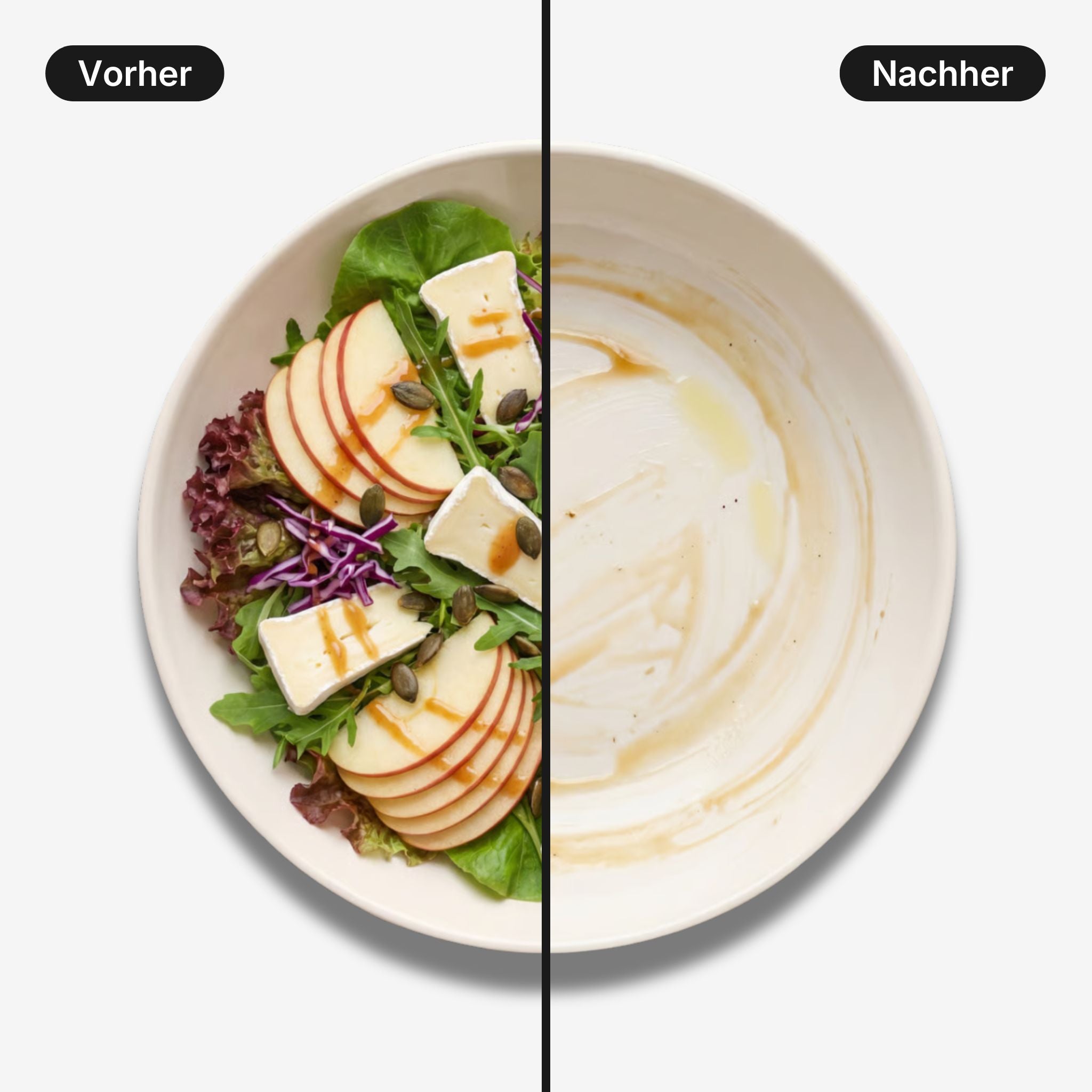 Vorher Nachher: Teller vor dem Essen und leerer Teller danach