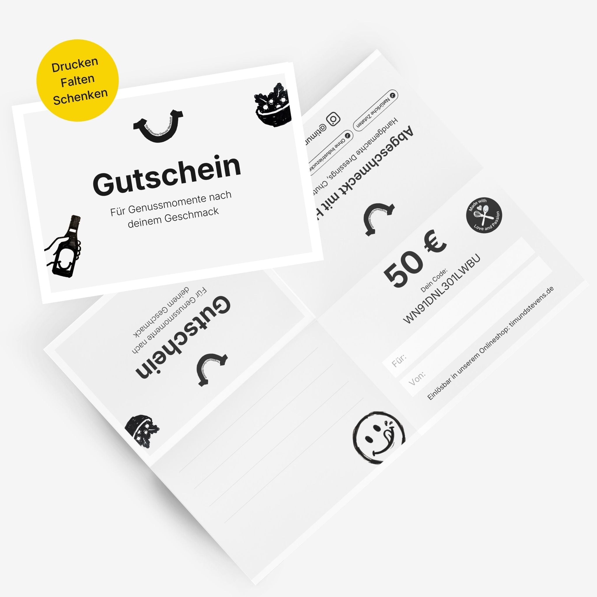Tim & Stevens Geschenkgutschein: Drucken, falten, schenken