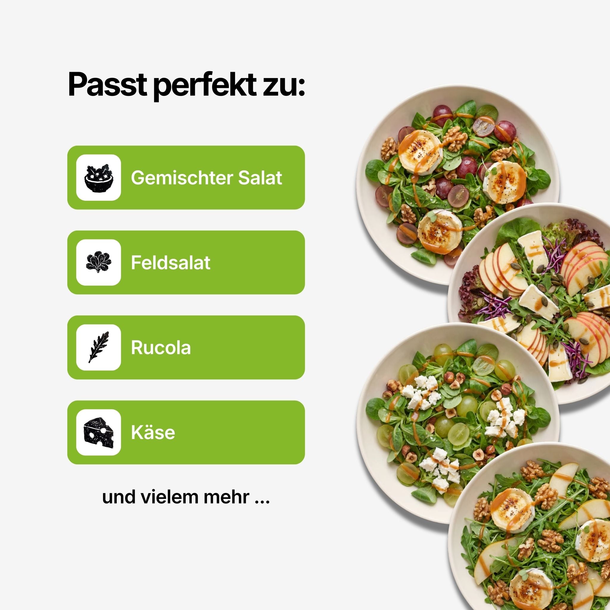 Rheingauer Traube Dressing passt zu gemischtem Salat, Feldsalat, Rucola und Käse