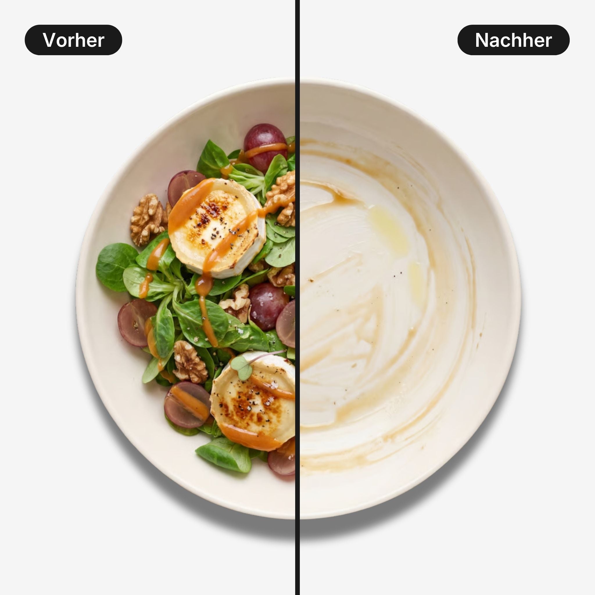 Vorher Nachher: Teller vor dem Essen und leerer Teller danach